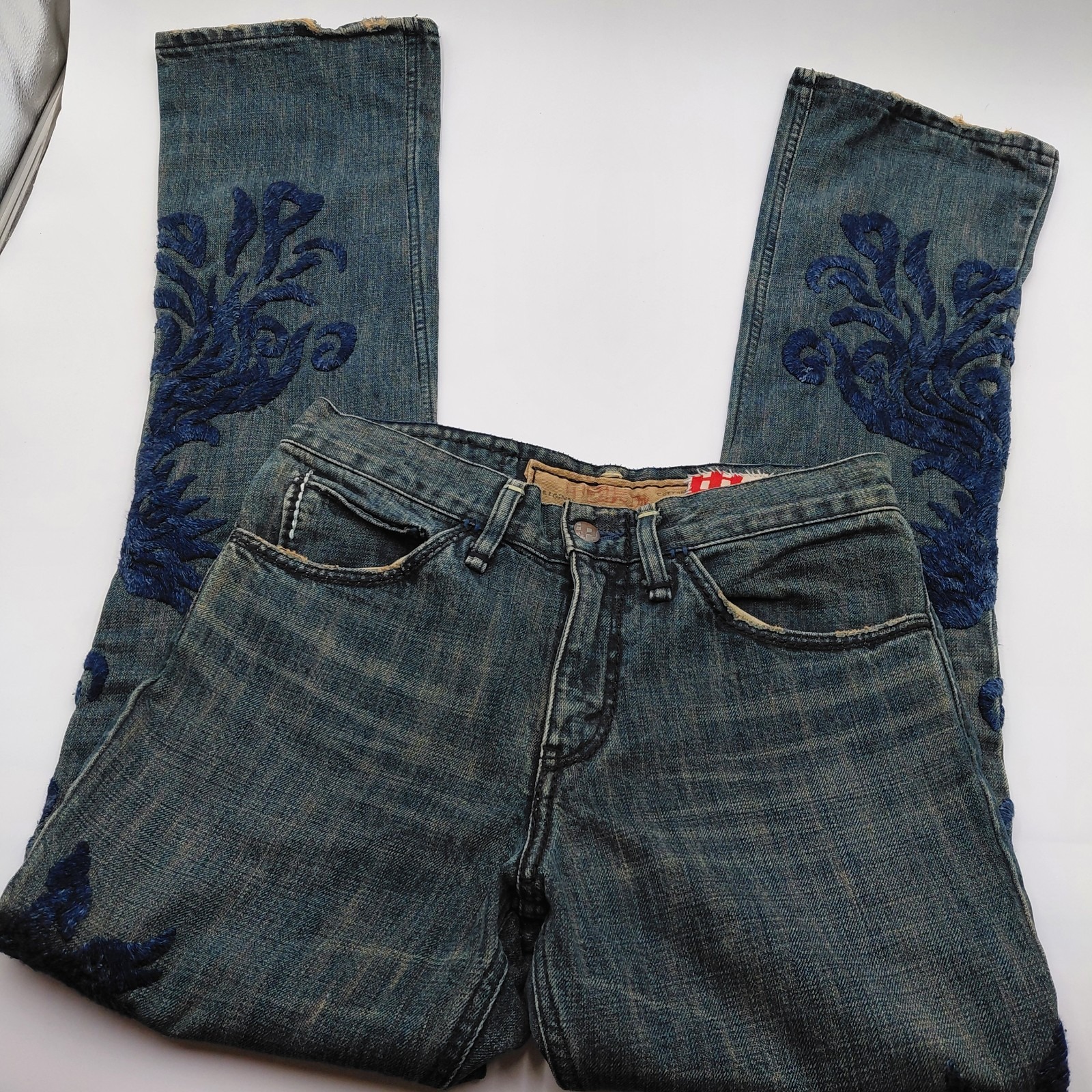 Vtg Great China Wall Jeans 28 X 33" Blue Kyoto4 3d Embroidery Handmade In Japan